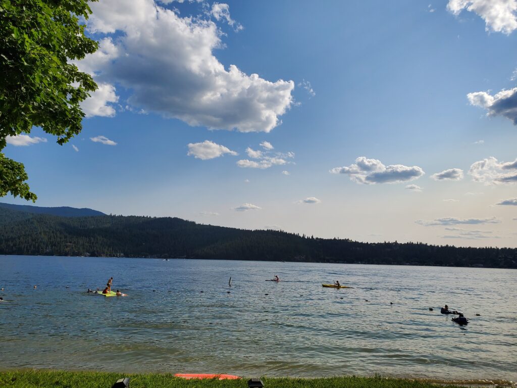 Lake with people kayaking.