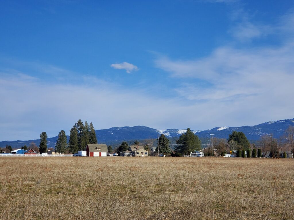 Country field with mountains in background.